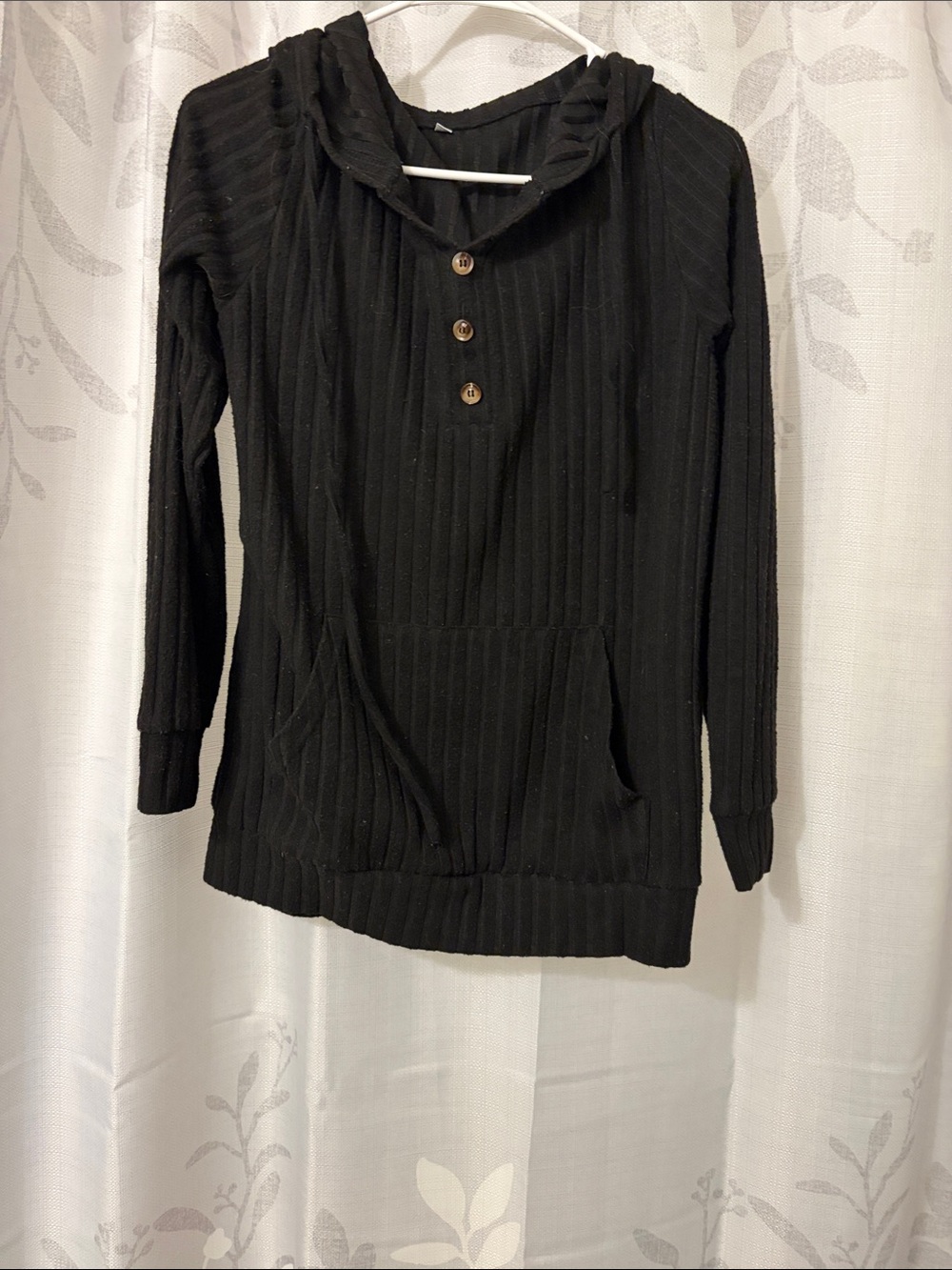 Amazon Black Ribbed Long Sleeve Henley Hoodie